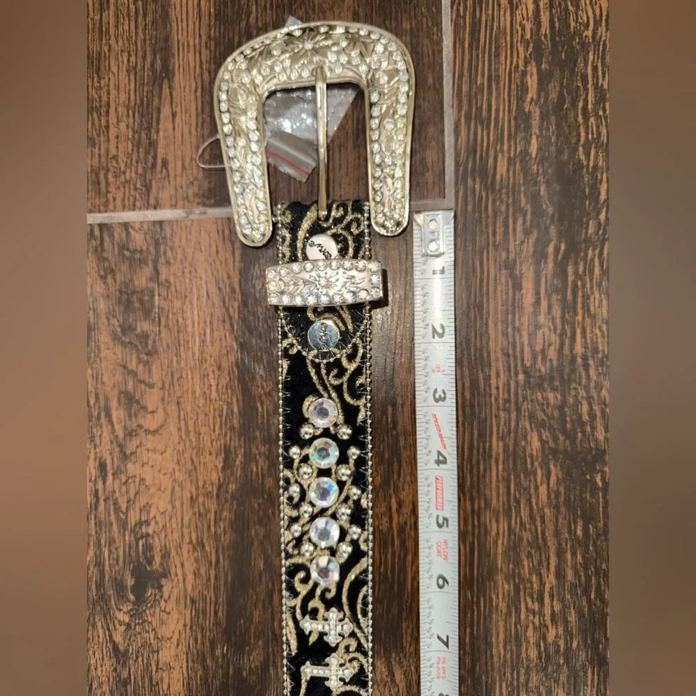 BHW Genuine Leather Cross Rhinestone Western Cowgirl Bling Belt Size large nwot
